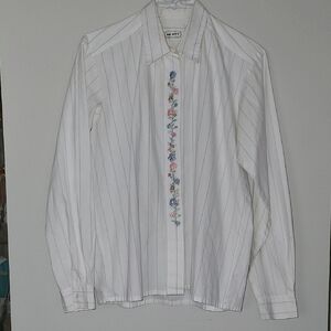 VINTAGE White Striped Blouse with Floral Detail